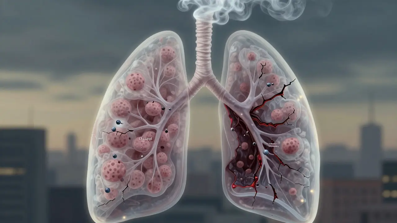 Průřez plic s jizvami a chemickými molekulami ničícími dýchací cesty.