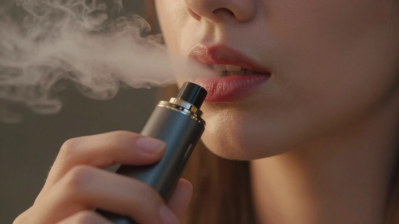 Ruka drží vape za výparu, která se unáší k ústům s červenými rty a suchou ústní dutinou.
