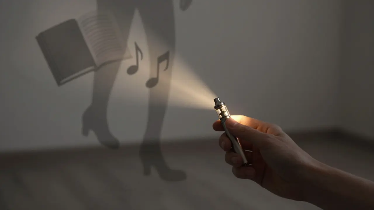 Ruka držící vape vedle prázdného pokoje, kde běžné radosti postupně mizí do šedi.