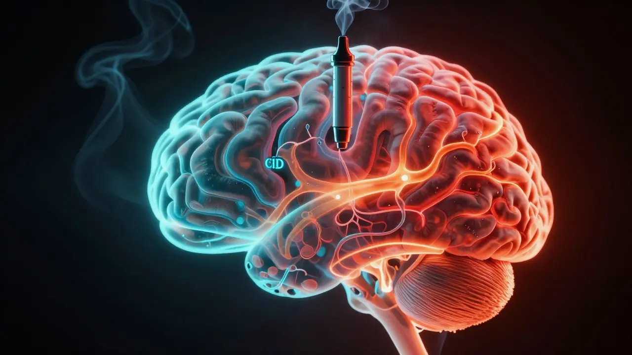 Schematický obraz mozku s protichůdnými barvami znázorňujícími účinky THC a CBD.