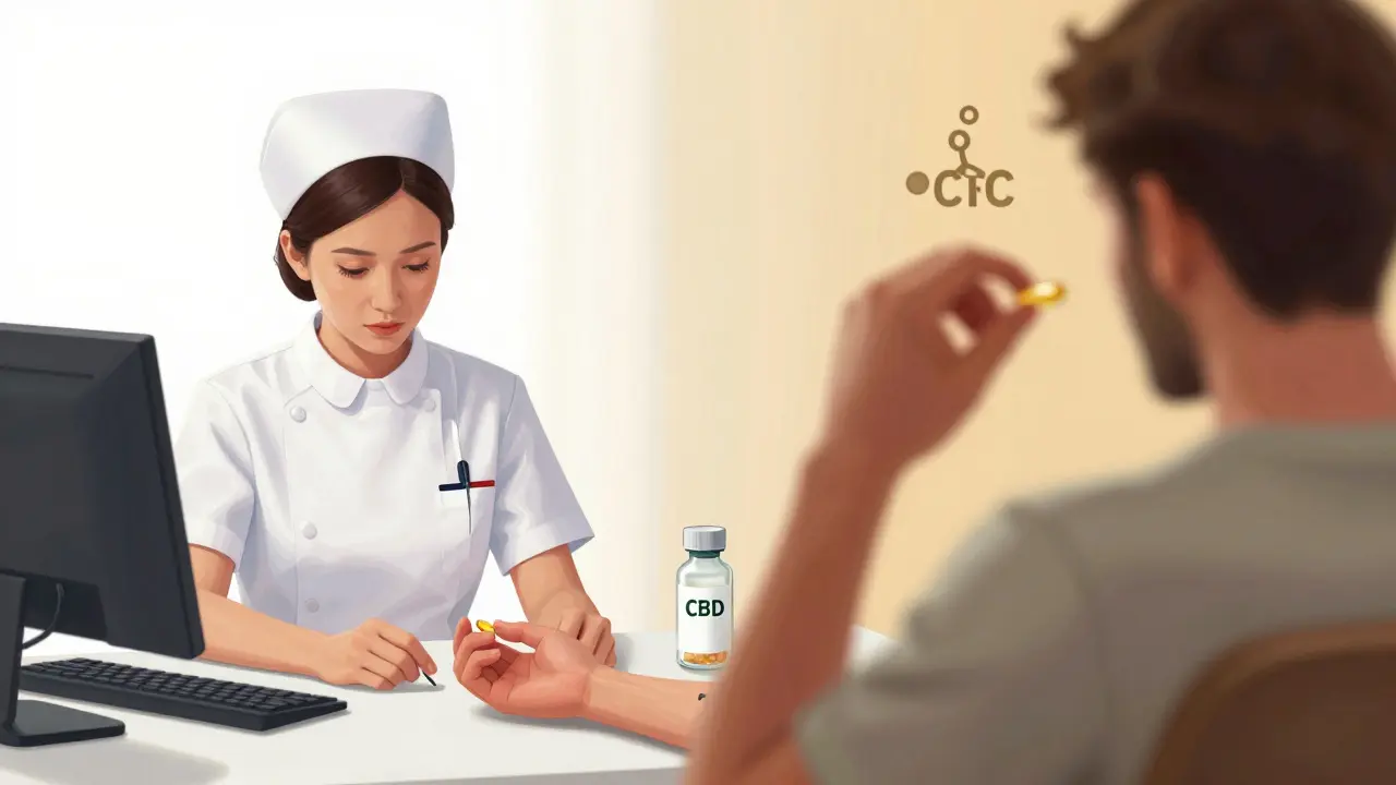 Sestra pracuje v nemocnici, zároveň je vidět symbolický obraz CBD oleje s molekulou THC.