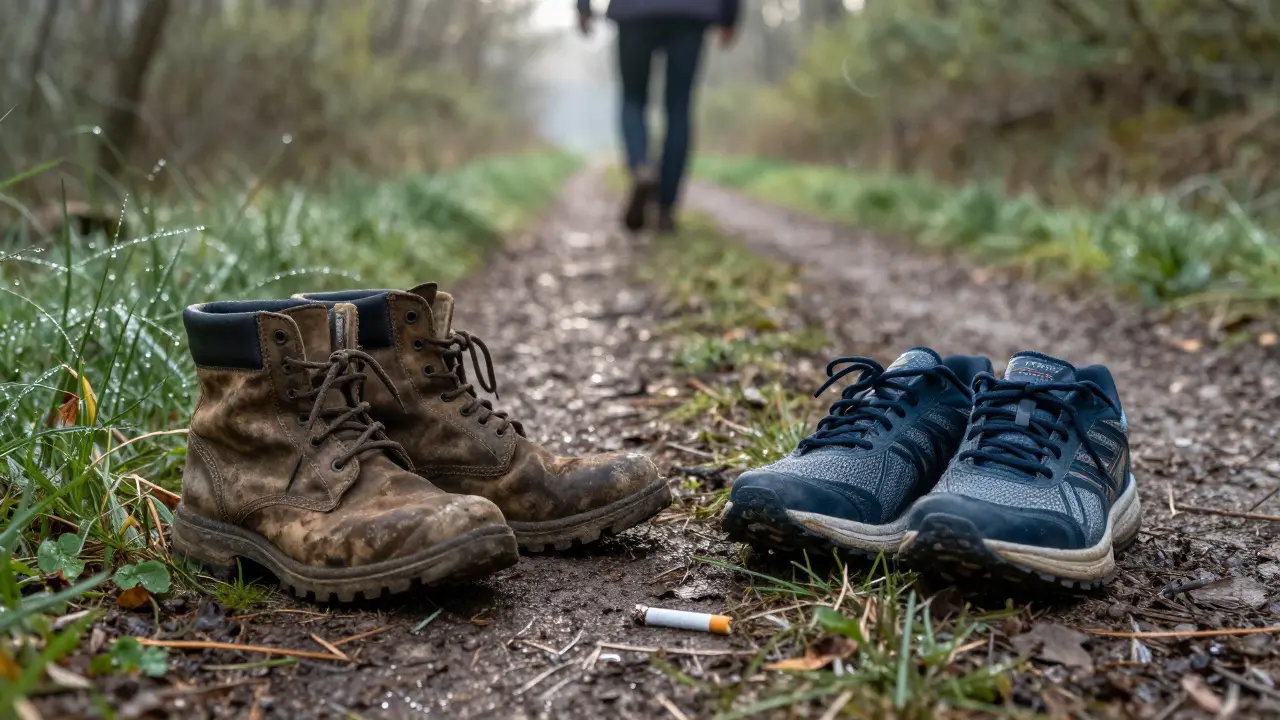 Staré boty a nové běžecké boty na cestě, rozdrtěná cigareta v trávě.