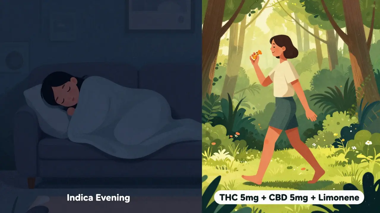 Stejná osoba ve dvou scénách: večer na pohovce a ráno v lese, s gumičkou v ruce.