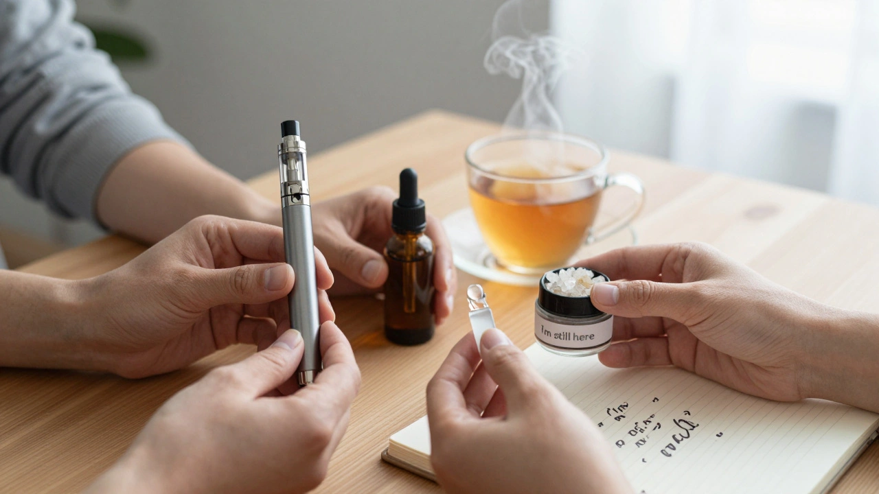 Tři CBD produkty na dřevěné desce vedle čaje a poznámek – vape pen, olej a krystaly, symbolizující různé způsoby užívání pro úzkost.