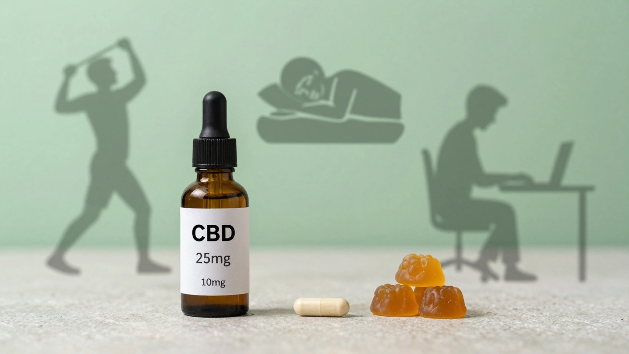 Tři druhy CBD produktů s označenými dávkami na kamenité ploše.