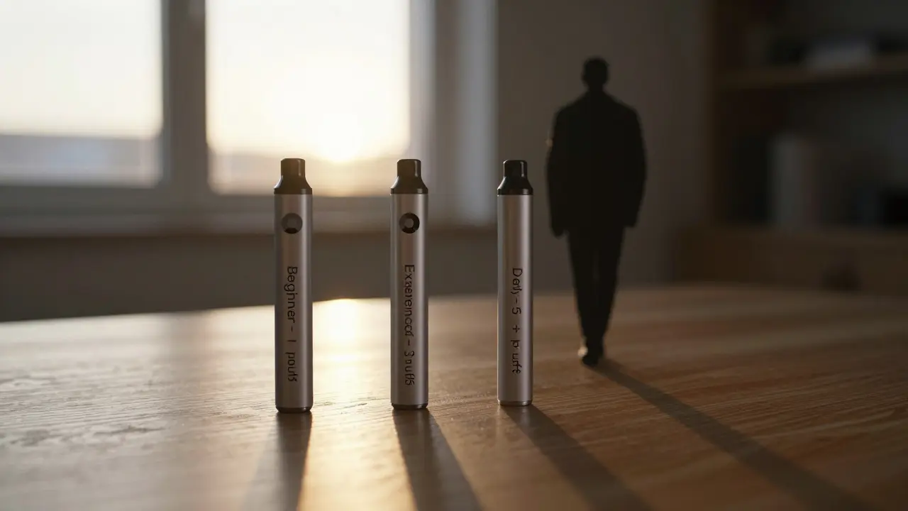 Tři prázdné vape pera na stole s popisky pro různé uživatele a světlem v pozadí.