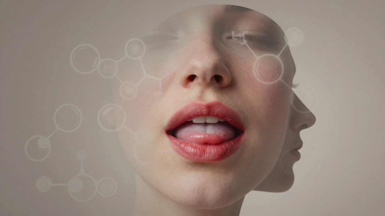 Tři překrývající se vrstvy příznaků vapingu THC: suché rty, zánět a bílý povlak na jazyku.