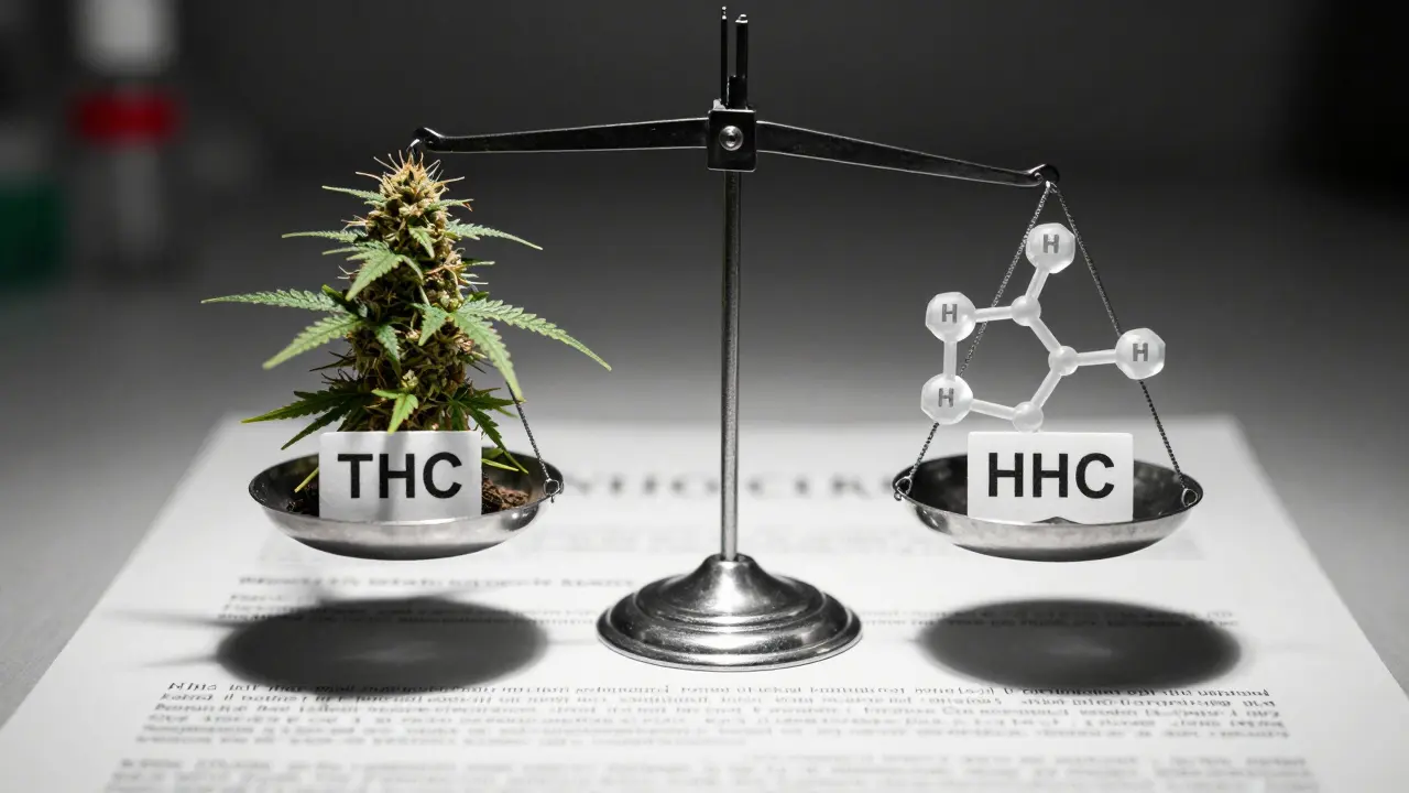 Váha s přirozeným konopím a syntetickou strukturou HHC nad právním dokumentem.