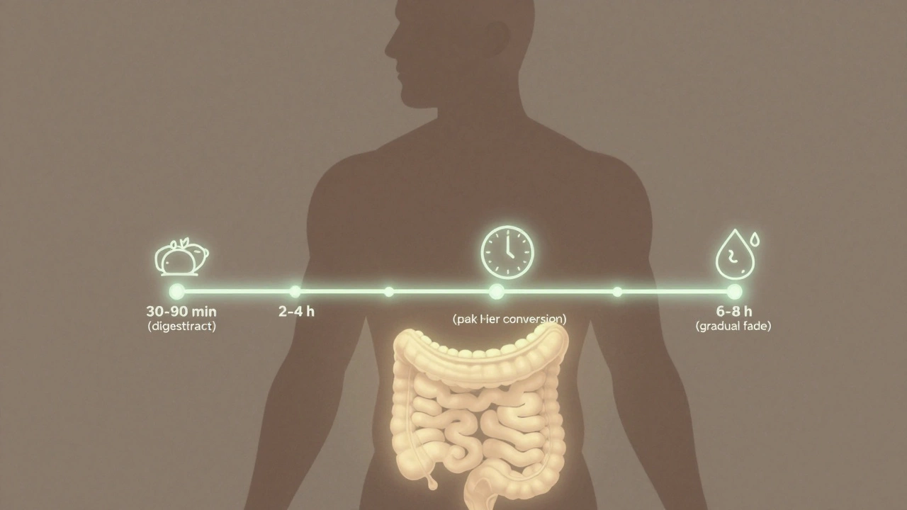 Vnitřní vývoj účinku THC v těle: trávení, vrchol a postupné uplynutí v čase.