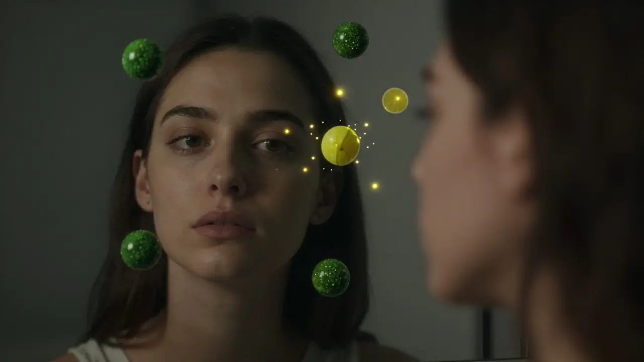 Zrcadlo odrazuje klidnou verzi člověka, kolem něj plavou molekuly terpenů, symbolizující uvolnění a sebepoznání.