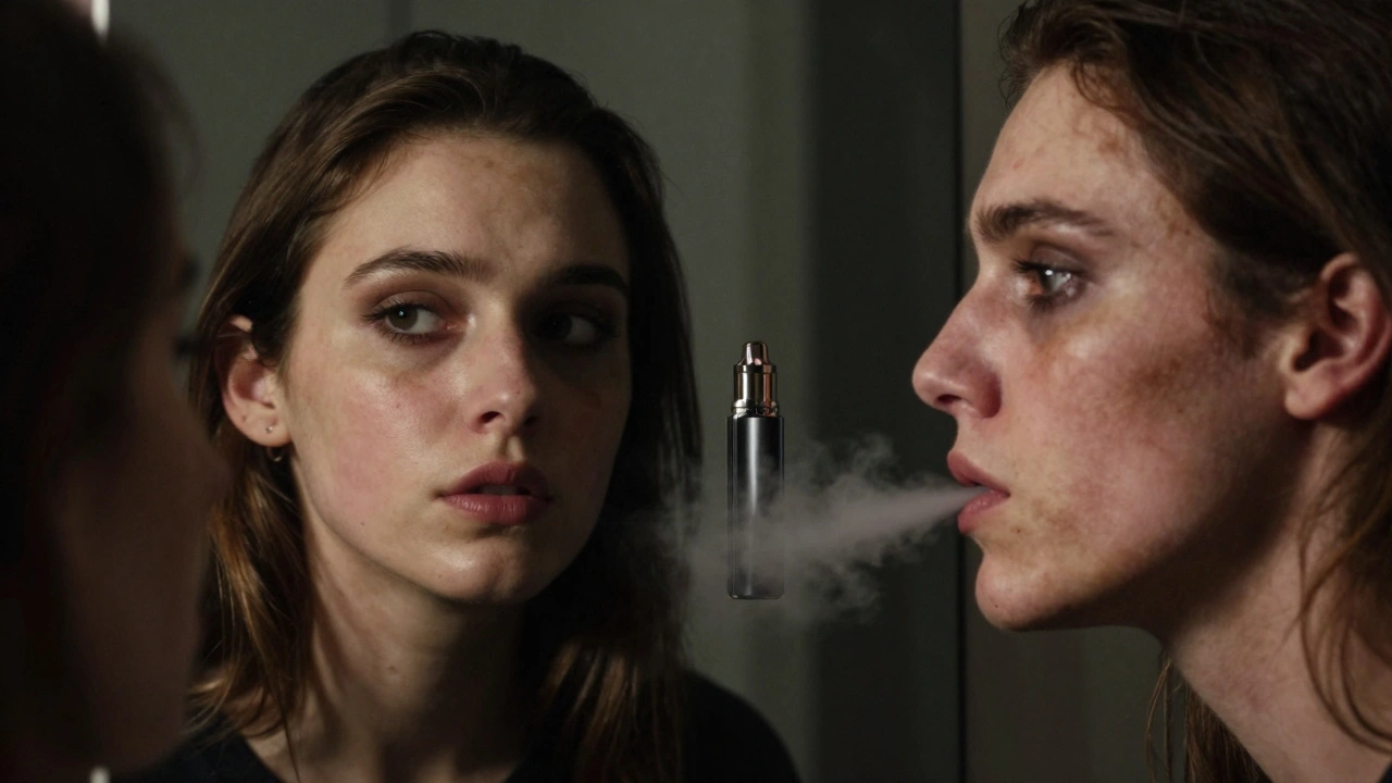 Zrcadlo odrazující dvě verze tváře: jedna zdravá, druhá po šesti měsících vapingu.