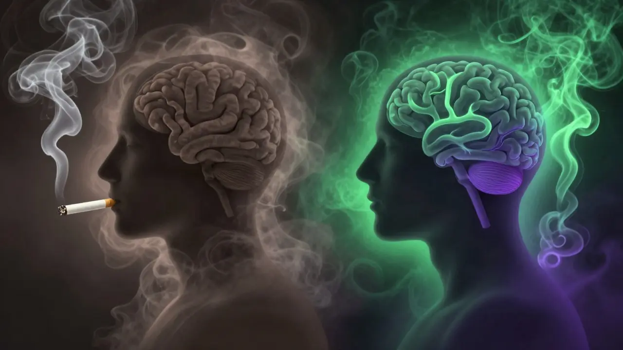 Abstraktní postavy s různými typy kouře a mozkovými vzory.