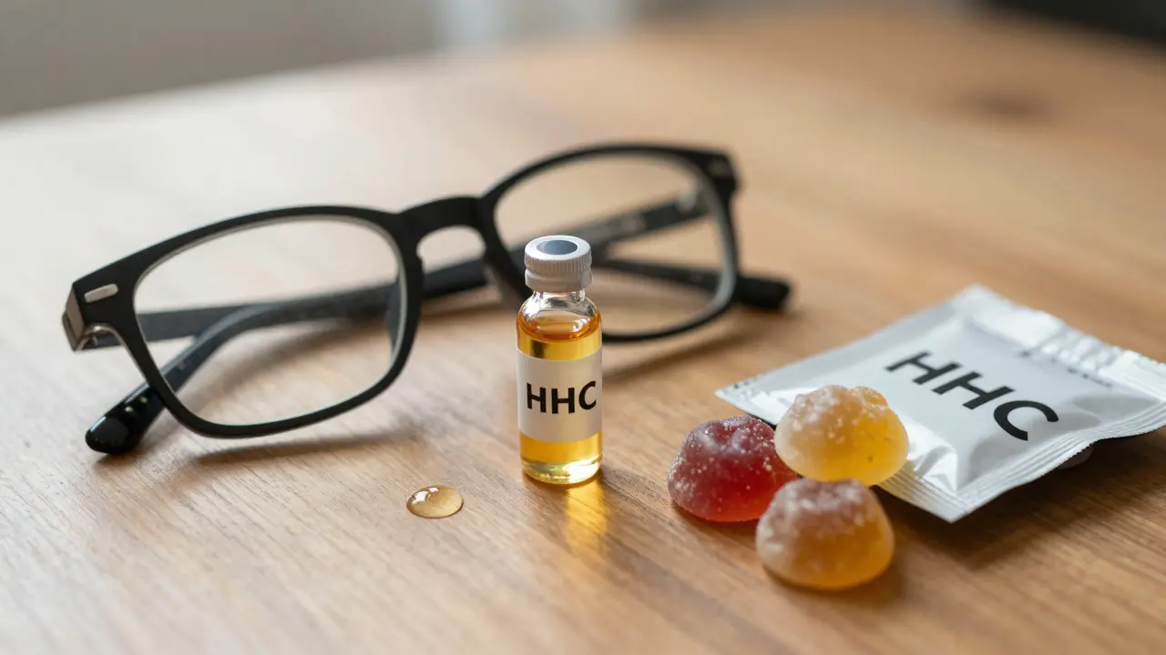 Brýle, lahvička HHC oleje a žvýkačky na dřevěném stole při přirozeném světle.