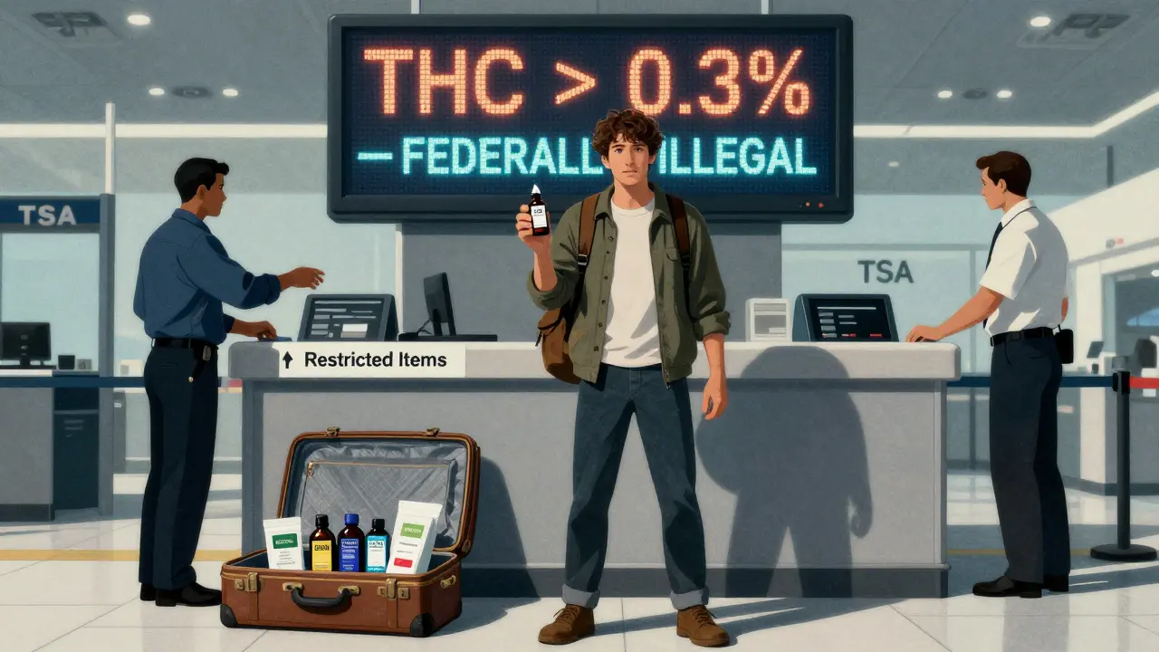 Cestující na letišti před kontrolou bezpečnosti s láhvičkou CBD, pracovník ukazuje na varovnou obrazovku.