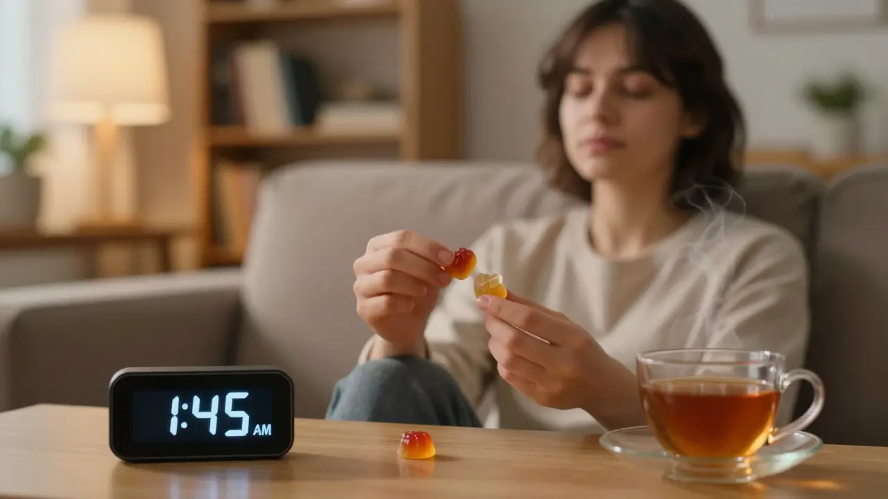 Člověk klidně sedí v bytě s HHC gummy, večerní osvětlení, bez příznaků intenzivního účinku.