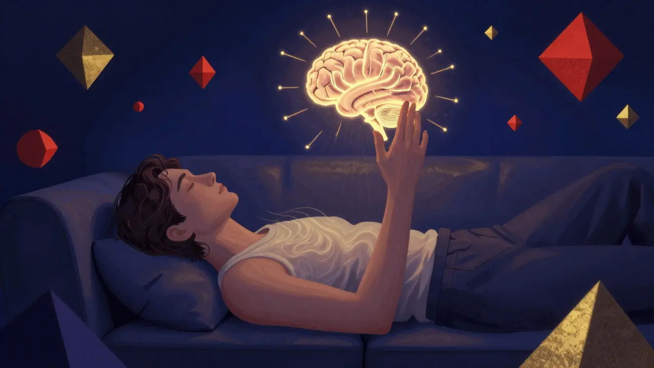 Člověk na pohovce s duševními a tělesnými vlnami světla, znázorňující hluboký a dlouhotrvající účinek THCP.