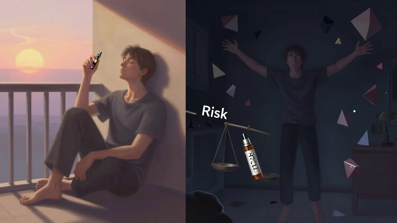 Člověk na slunci s mírným vapem vlevo, stejný člověk v tmy s intenzivním vapem vpravo.