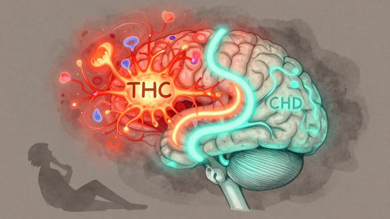 Diagram mozku s dvěma cestami: klidná modrá pro CBD a intenzivní červená pro THC.