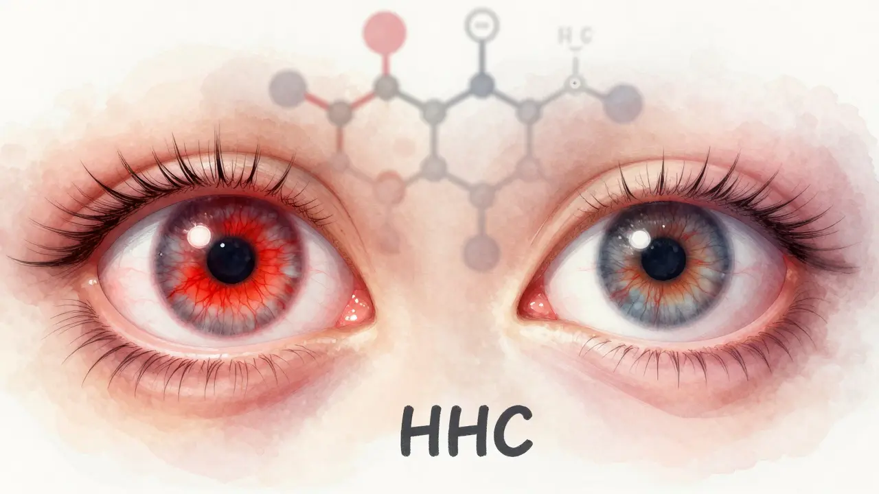 Dva oči vedle sebe: jedno s výrazně červenými kapilárami, druhé jen mírně zčervenalé.