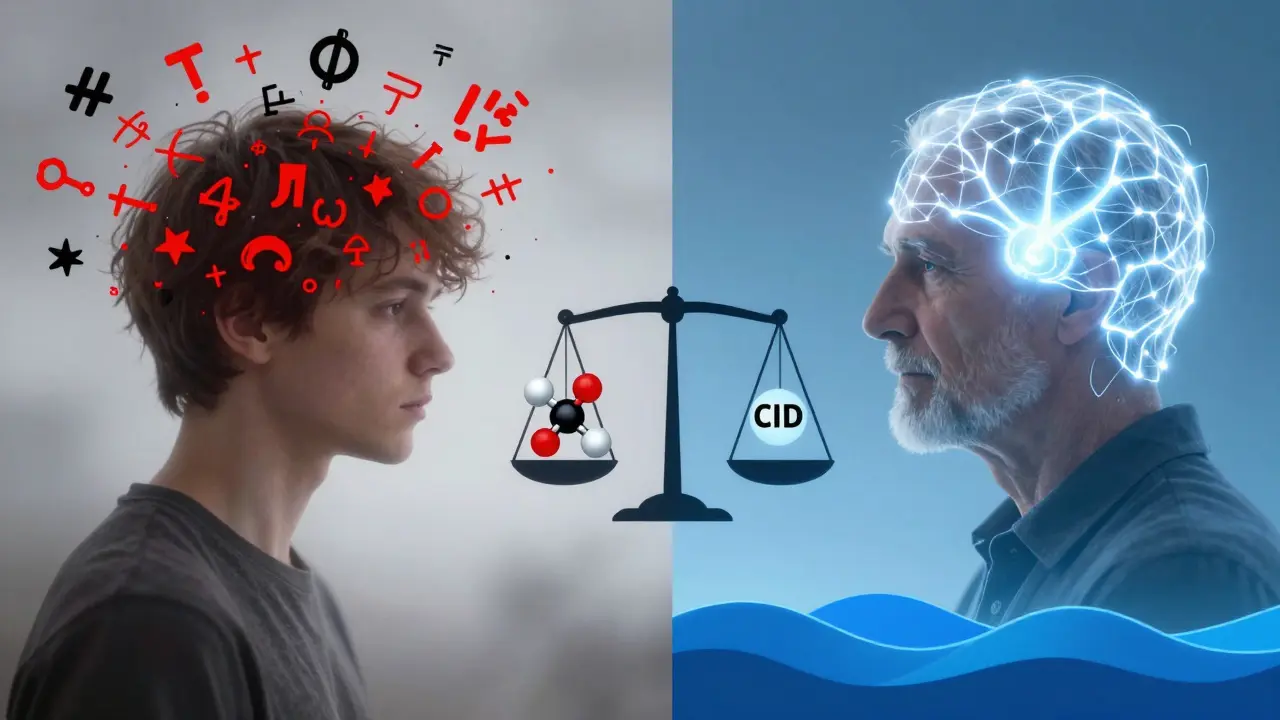 Dvě protikladné scény: chaos způsobený THC na jedné straně a klid podporovaný CBD na druhé.