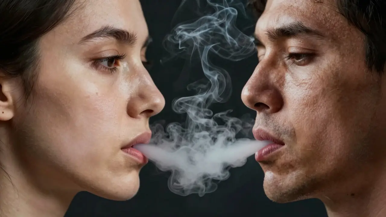 Dvě tváře vedle sebe: jedna zdravá a hydratovaná, druhá předčasně stárnoucí kvůli vapingu THC.