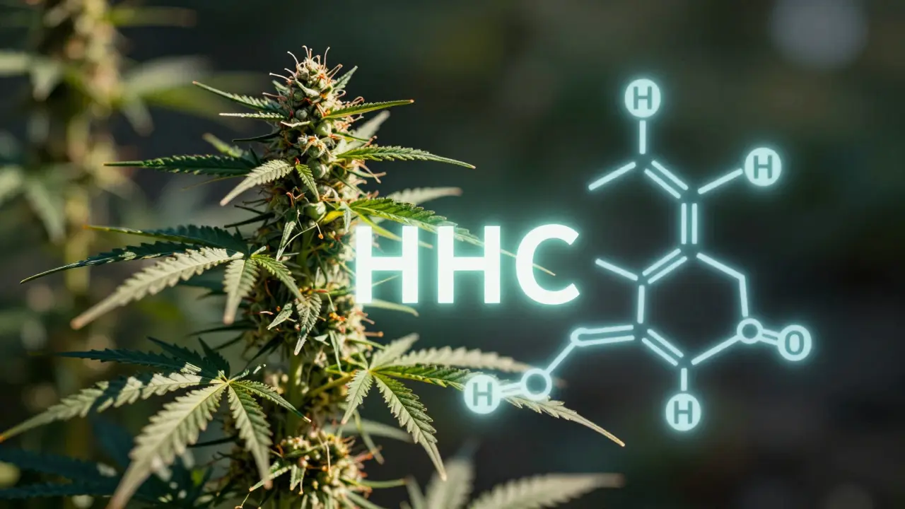 Hemp plant blended with glowing HHC molecular structure in dark cinematic setting.