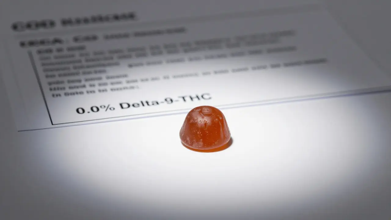 Jedna CBD gumička a oficiální laboratorní certifikát s nulovým obsahem THC na bílém pozadí.