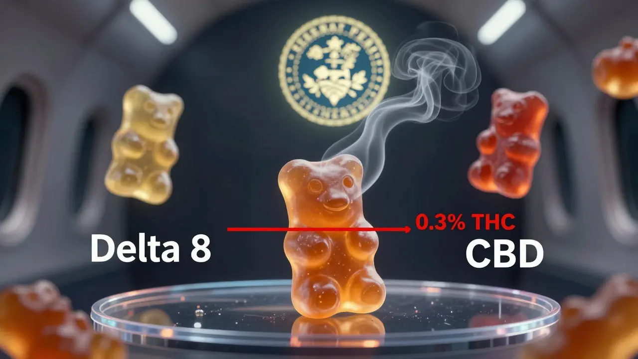 Koncepční obrázek letadla s gumičkami Delta 8 a CBD, rozdělenými červenou hranicí 0,3 % THC.