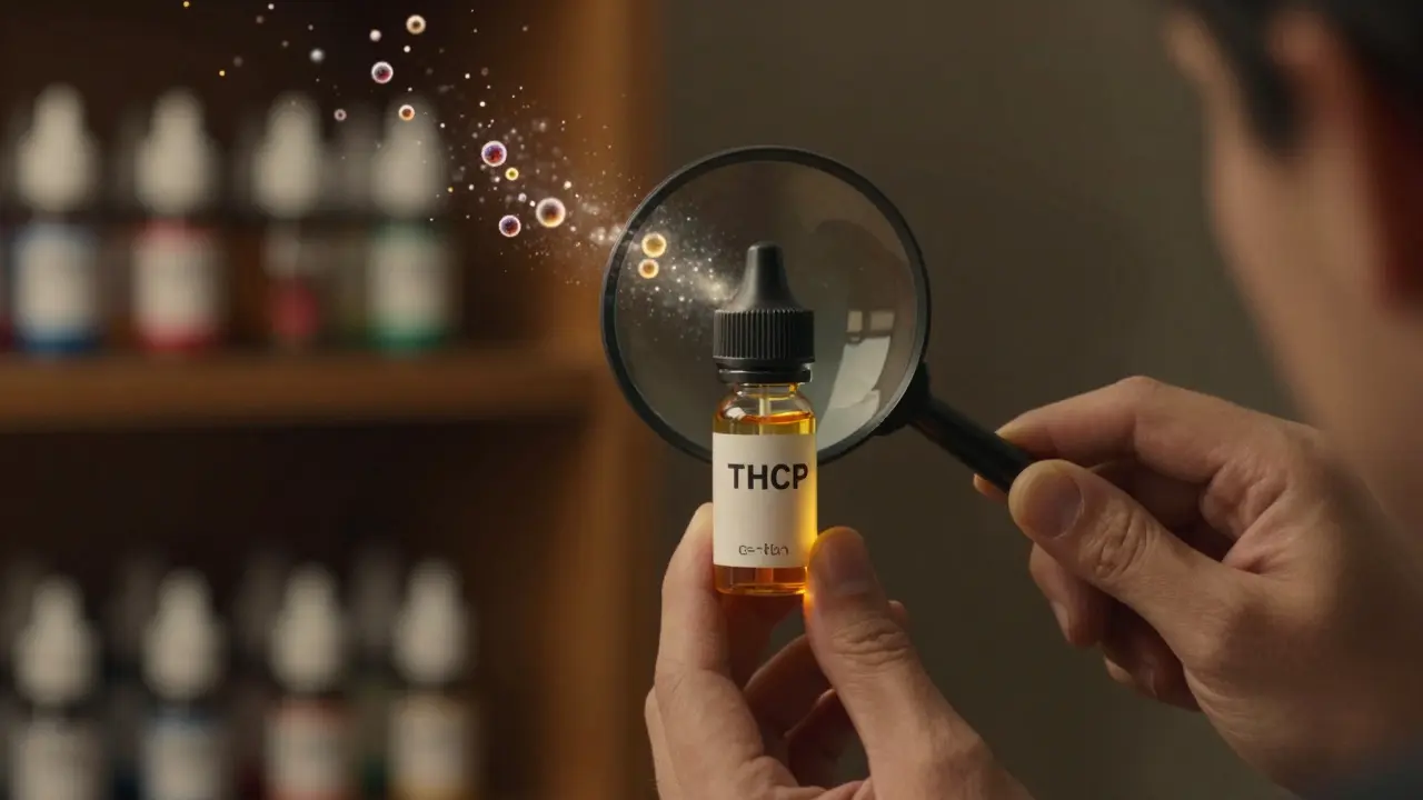 Laboratorní lahvička s e-kapkou pod lupou, cotinin se rozptyluje, THCP molekuly září, pozadí s neověřenými vapy ve stínu.