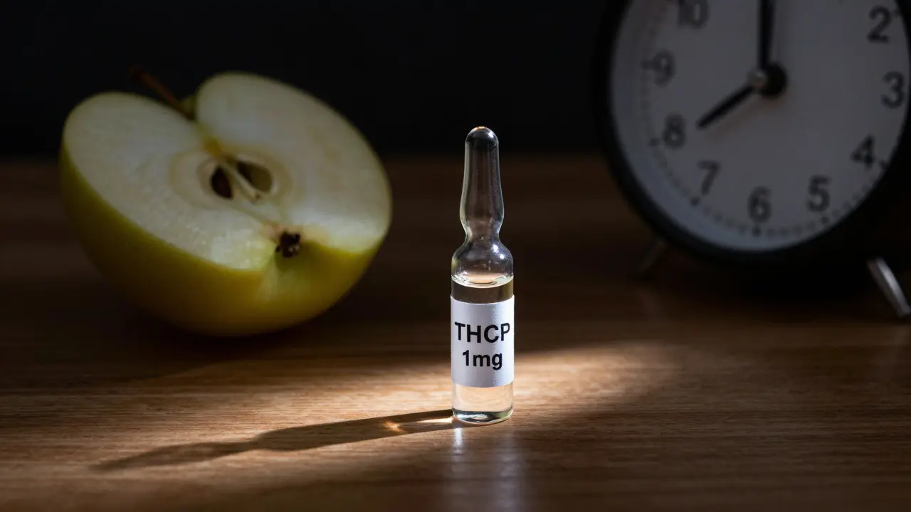 Malá lahvička THCP s 1 mg na stole vedle jablka a hodinek, symbolizující opatrnost při užívání.