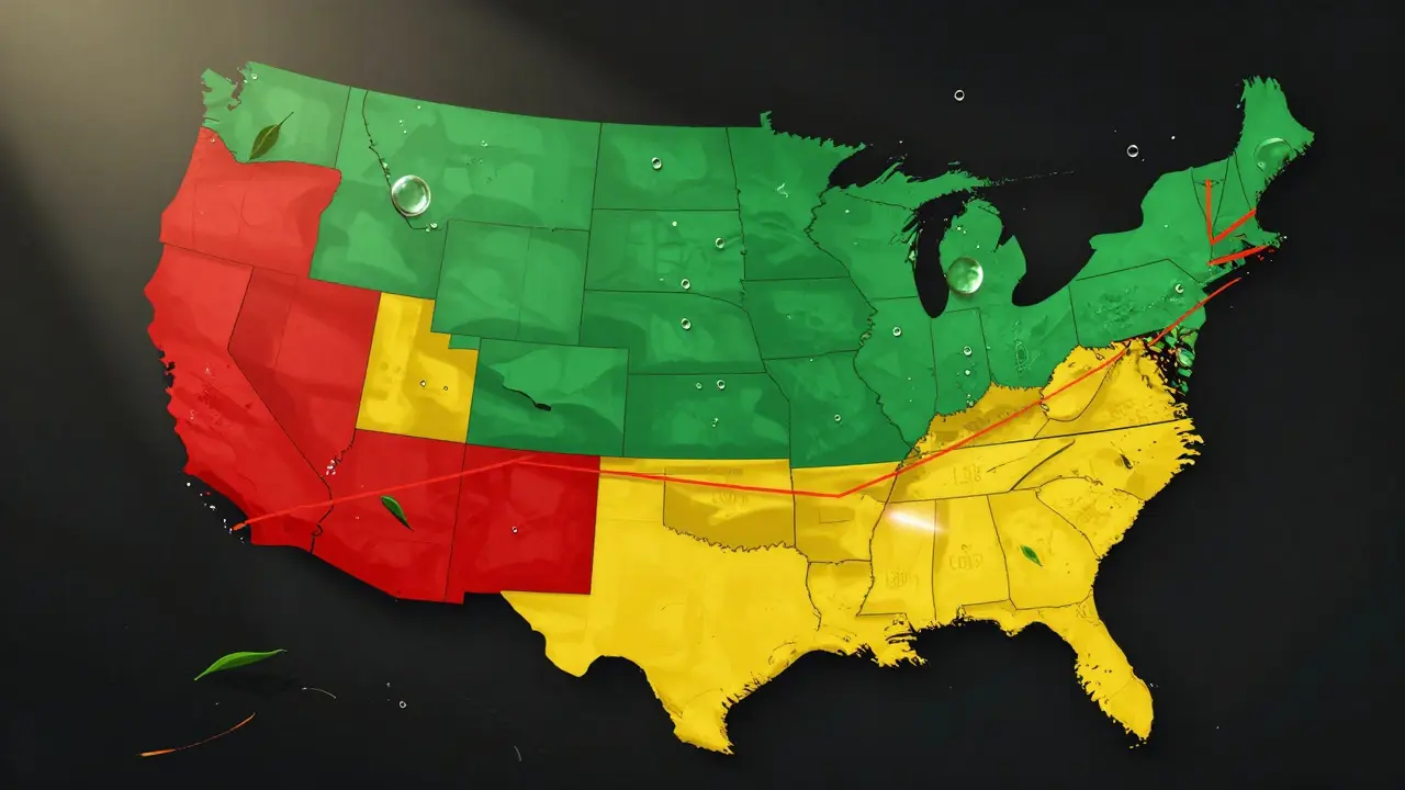 Mapa USA s barevnými oblastmi označujícími různá pravidla pro CBD, plavajíce části rostlin a kapky oleje.