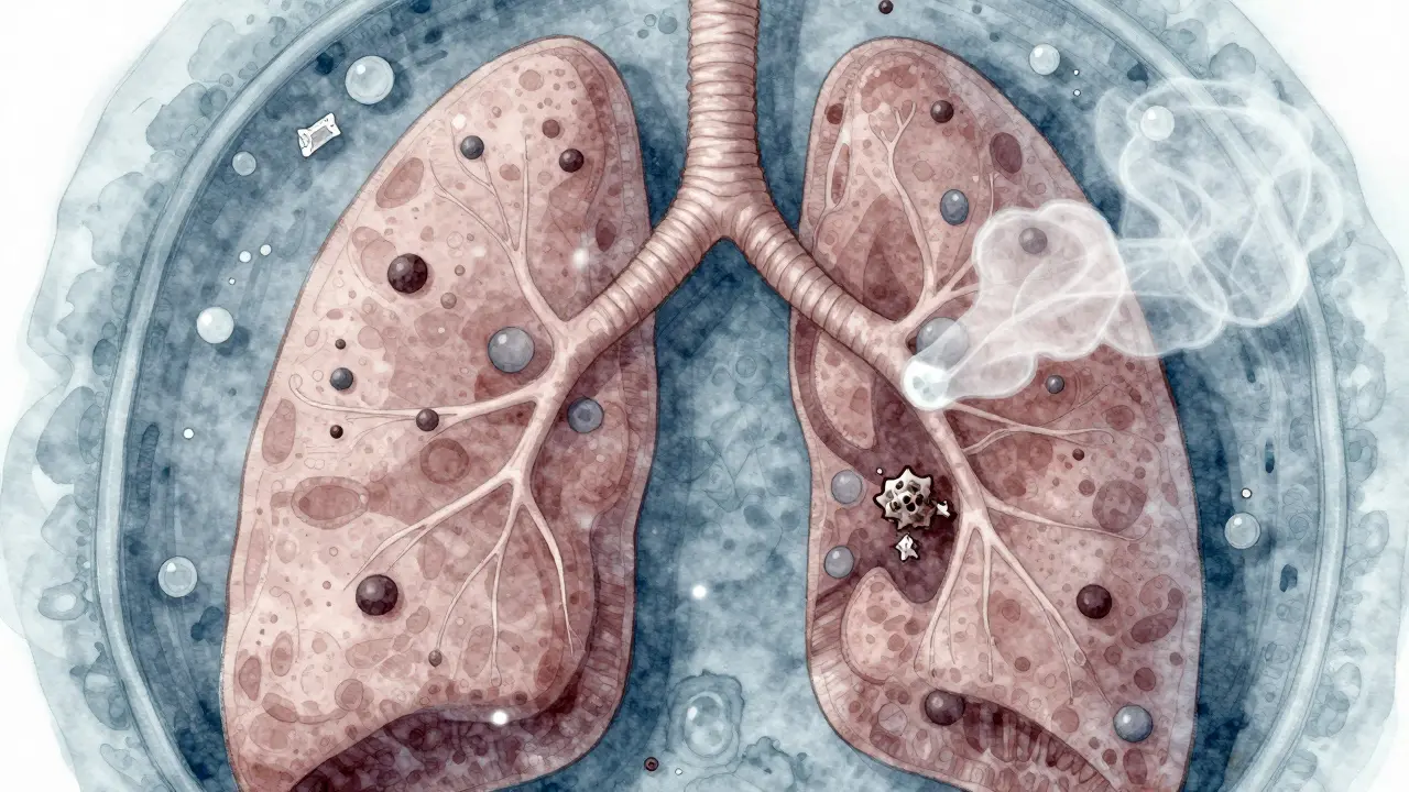 Mikroskopický pohled na zdravé plicní tkáně s čistými částicemi CBD v porovnání s toxickými látkami.