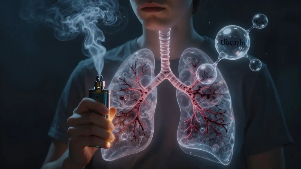 Mladý muž vapinguje, zatímco chemické molekuly poškozují jeho plicní tkáň.