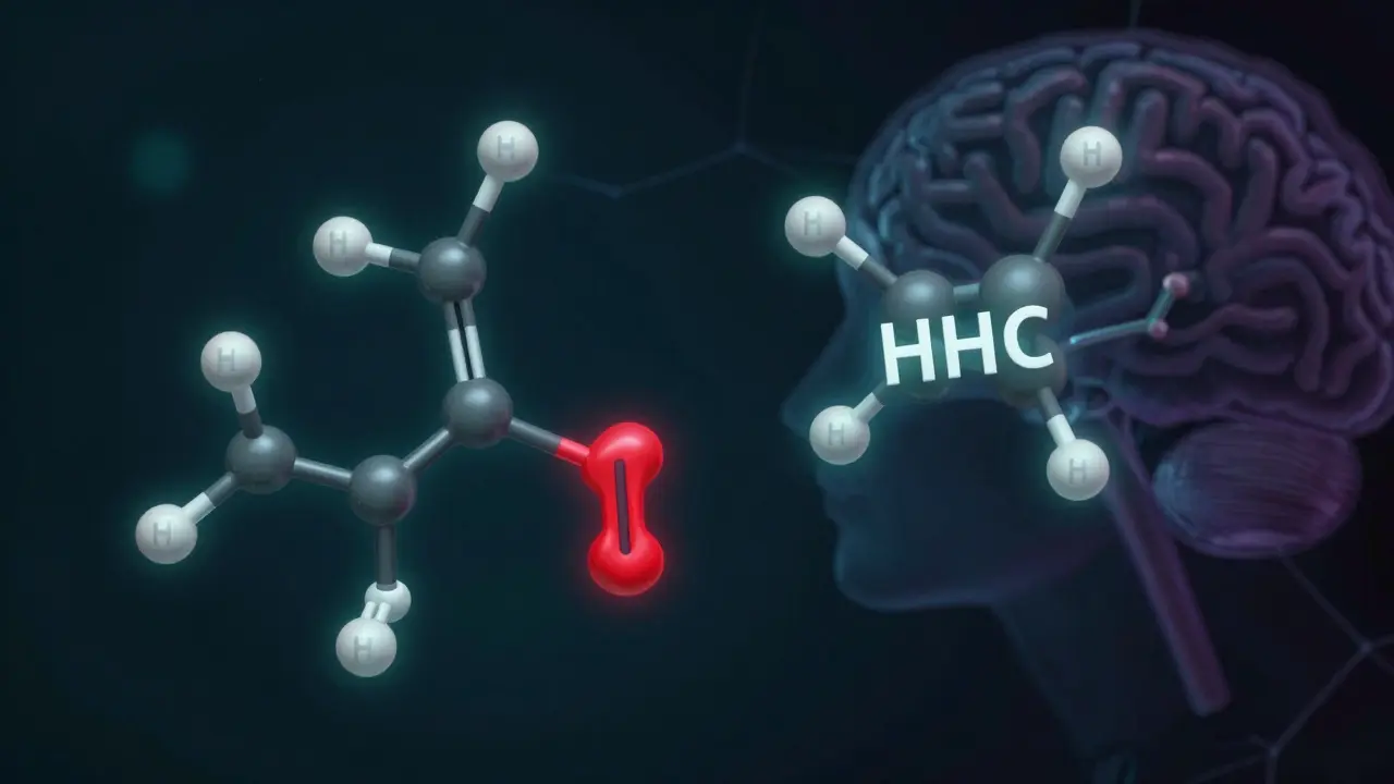 Molekulární struktury THC a HHC s neurálními cestami v temném prostředí, vědecký styl.