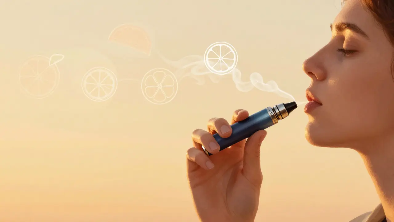 Osoba dělá lehký pých z HHC pera, výpar tvaruje ovocné obrysy