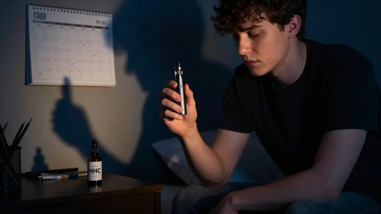 Osoba drží téměř prázdné HHC pero v tiché místnosti s těsným osvětlením.