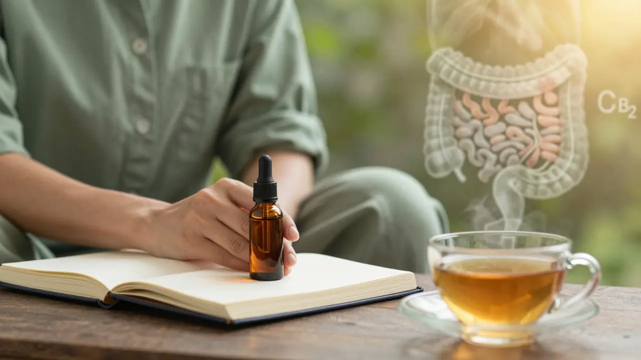 Osoba klidně drží lahvičku CBD oleje vedle poznámek a šálku čaje v klidném prostředí.