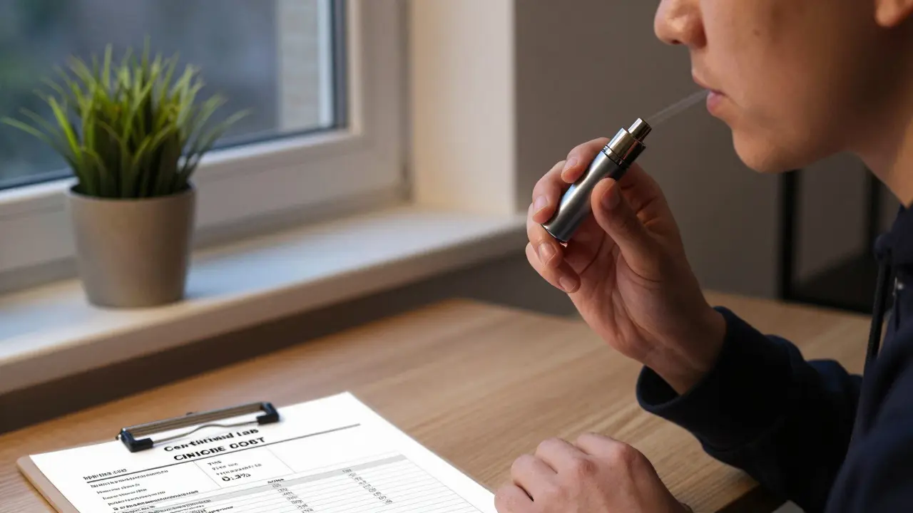 Osoba vdechuje CBD vypínač ve večerní místnosti s certifikátem laboratoře.