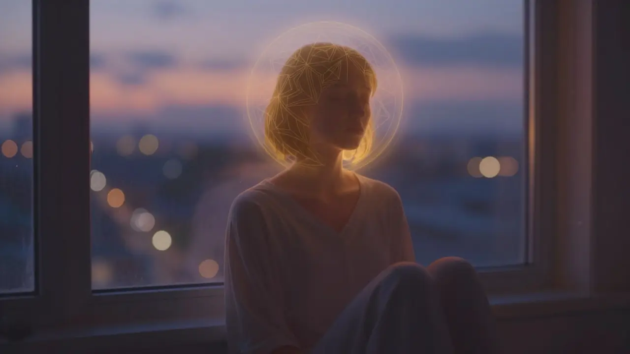 Person relaxing by window with gentle golden aura and light patterns suggesting calm euphoria.