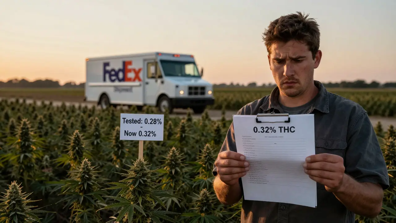 Pracovník na farmě s laboratorní zprávou ukazující překročení limity THC, za ním nákladní auto.