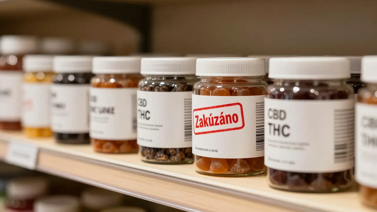 Regály v obchodě s CBD gummy a skrytou THC gummy s českým znakem zakázání.
