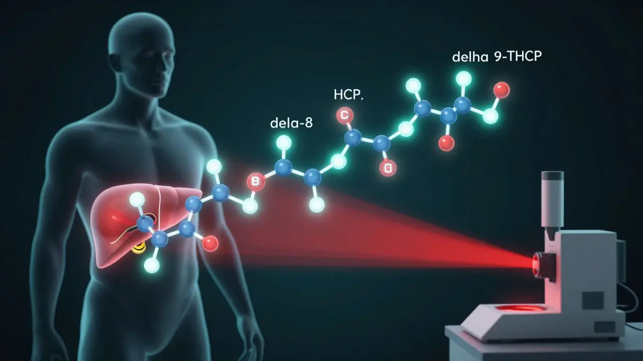 Schematický náhled těla s molekulami kanabinoidů přeměňujícími se na stejný metabolit v játrech.