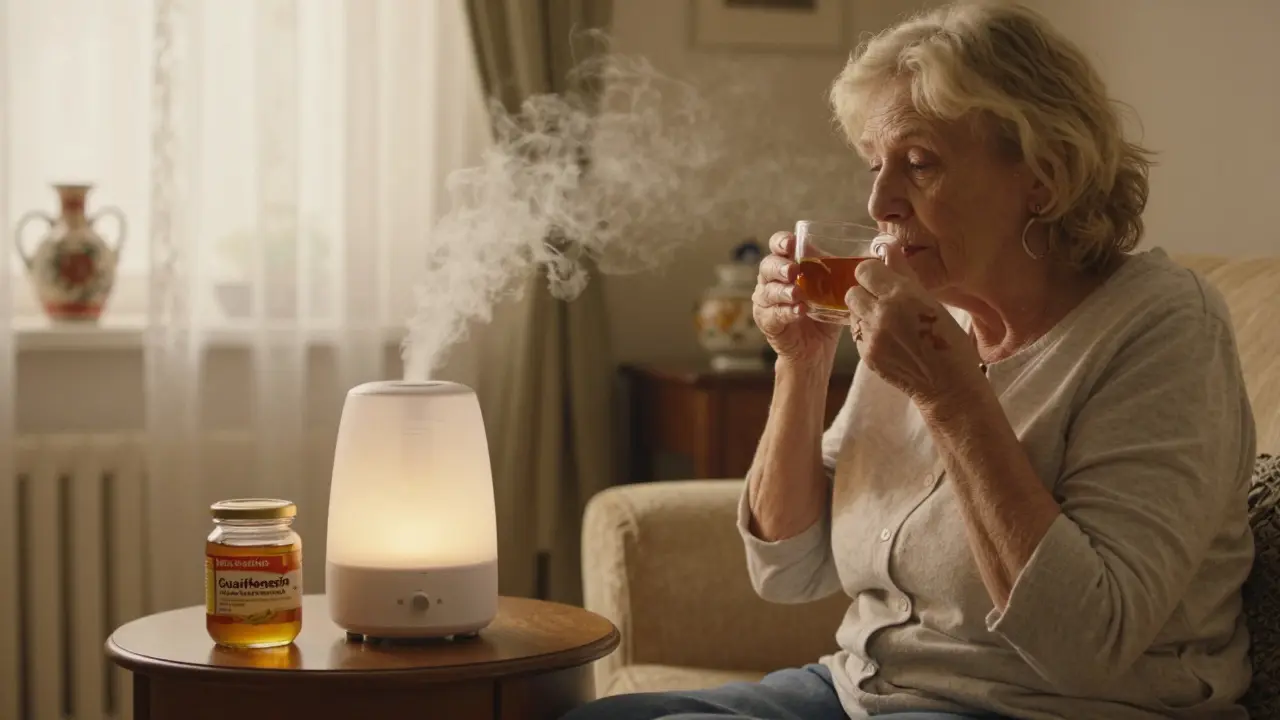 Stará žena v českém bytě používá vlhčič vzduchu a med na úlevu od kašle.