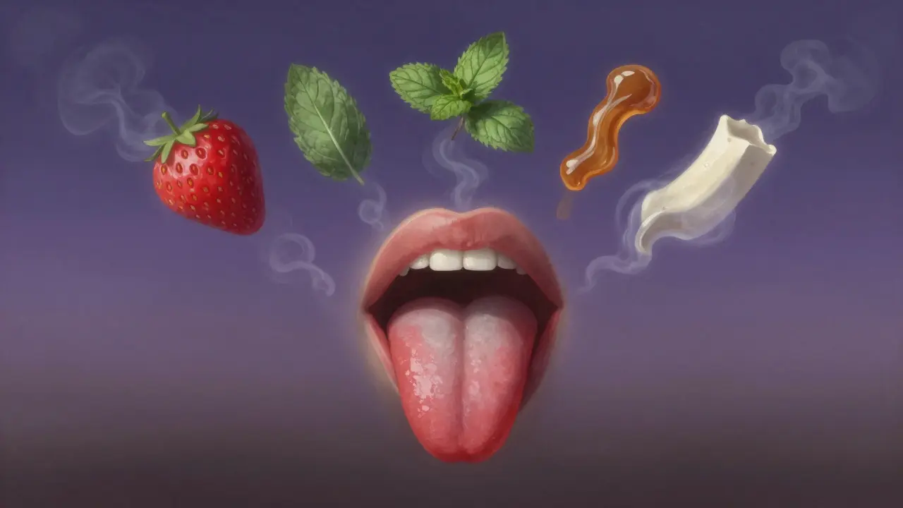 Surreální obrázek jazyka, kolem něj se rozptýlí aroma sladkých chutí.
