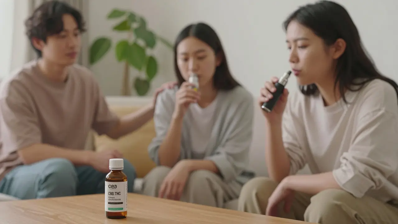 Tři lidé v pohodlném bytě, jeden kouří z vaporizéru, ostatní ho klidně podporují.