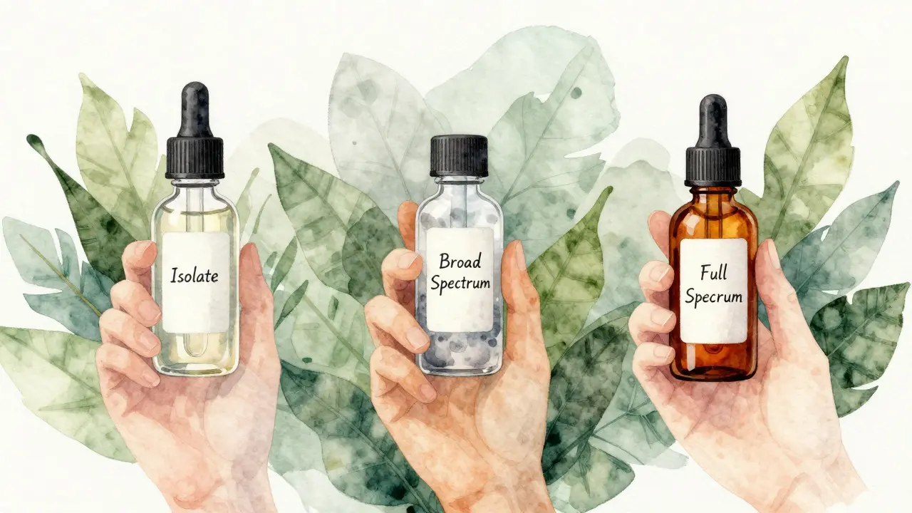 Tři typy CBD formulací – izolát, široké spektrum a plné spektrum – v kapkách s listy.