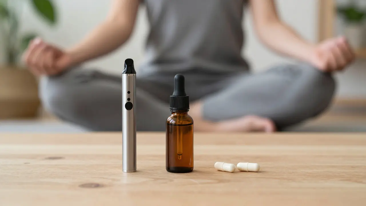 Tři způsoby podávání CBD: vypařování, olej pod jazyk a kapsle na stole.