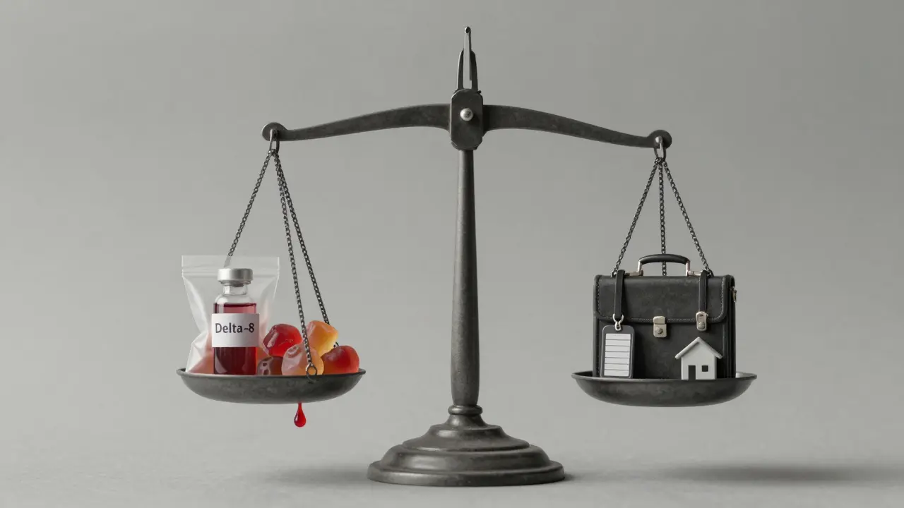 Váha s jedné strany kanabinoidy, z druhé strany zaměstnání a svoboda — váha se skloněna k riziku.