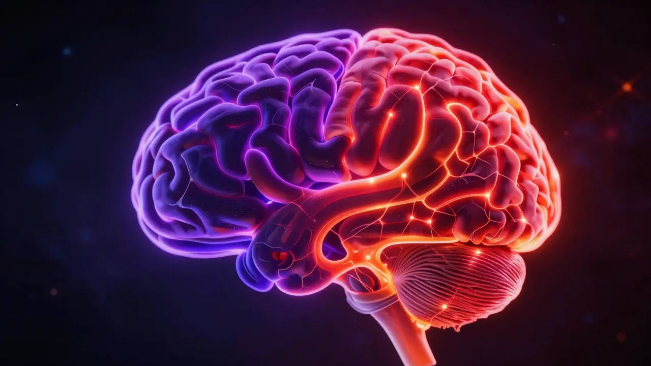 Abstraktní mozek s dvěma protichůdnými cestami: klid a úzkost.