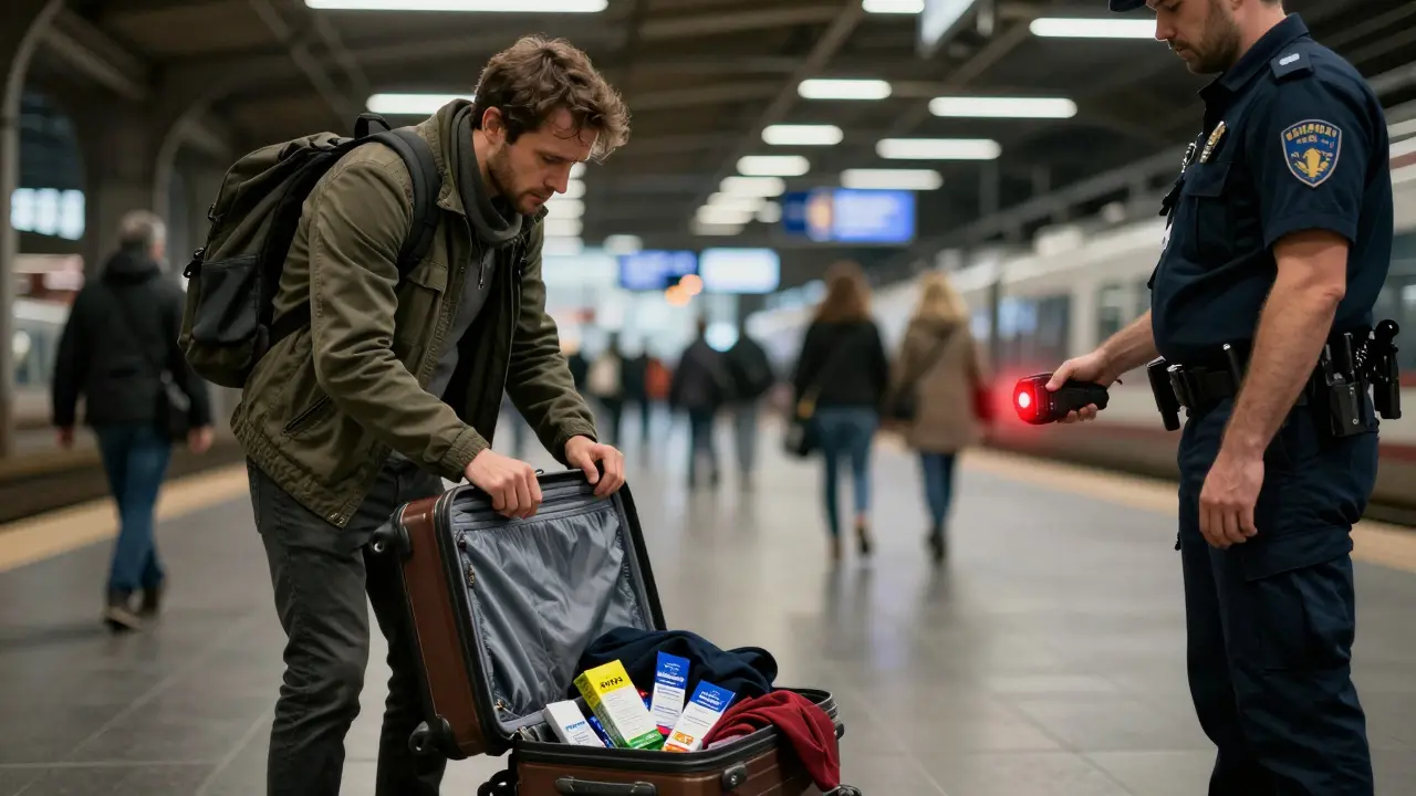 Cestovatel na nádraží ve Vídni s HHC produkty v zavazadlech, celník detekuje drogu.